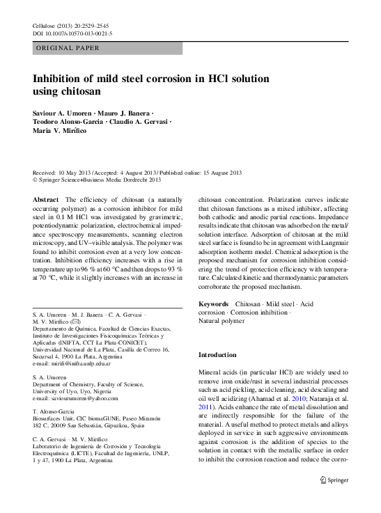 (PDF) Inhibition of mild steel corrosion in HCl solution using chitosan