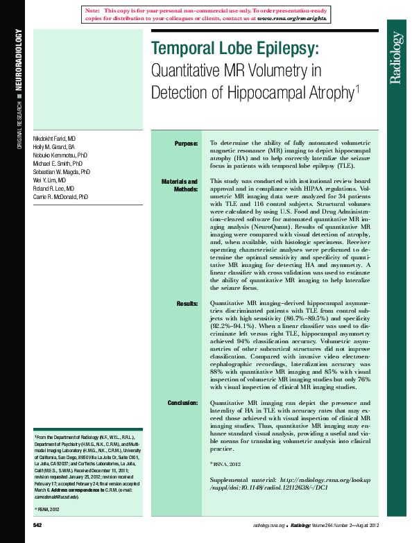 (PDF) Temporal Lobe Epilepsy: Quantitative MR Volumetry in Detection of ...