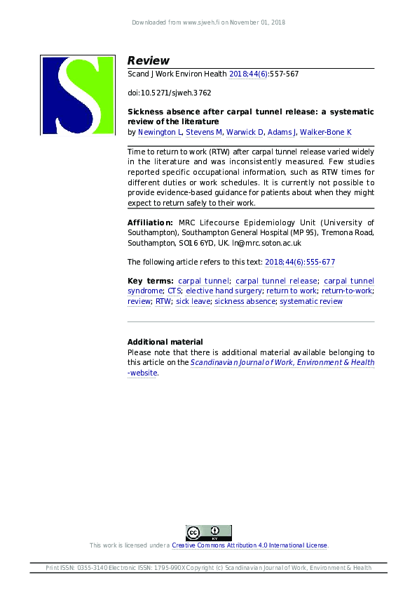 (PDF) Sickness absence after carpal tunnel release: a systematic review ...