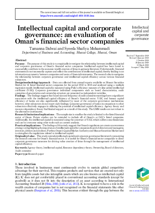 (PDF) Intellectual capital and corporate governance: an evaluation of ...