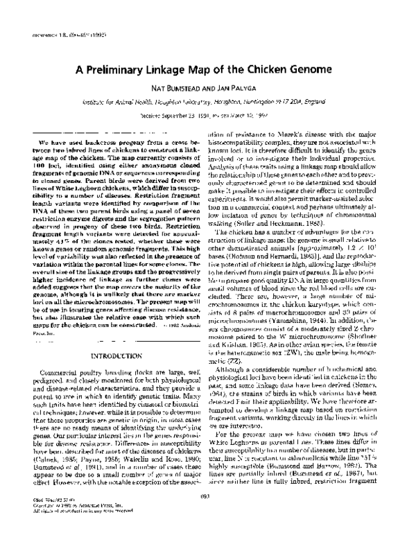 (PDF) A preliminary linkage map of the chicken genome