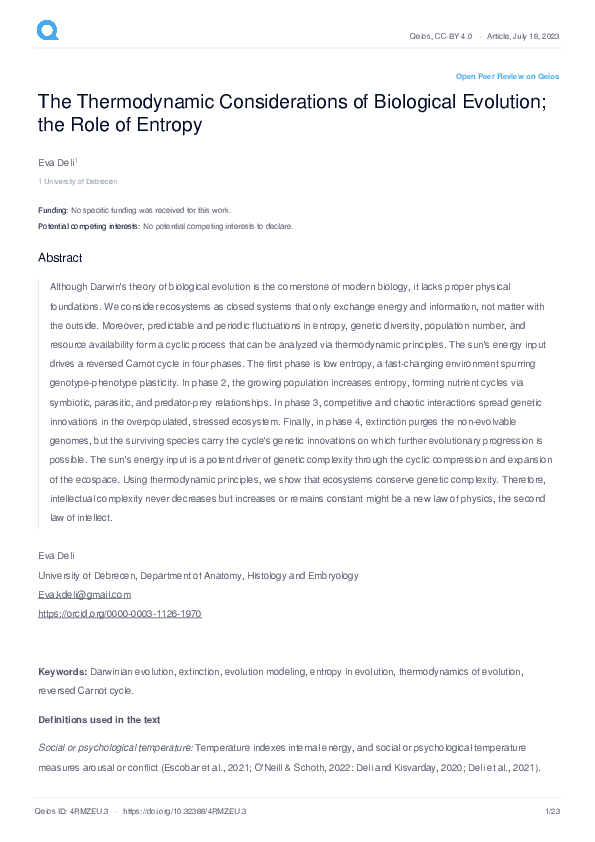 (PDF) The Thermodynamic Considerations of Biological Evolution; the ...