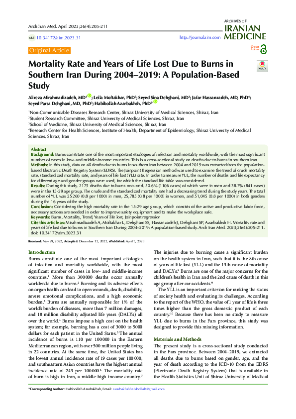 (PDF) Mortality Rate and Years of Life Lost Due to Burns in Southern ...