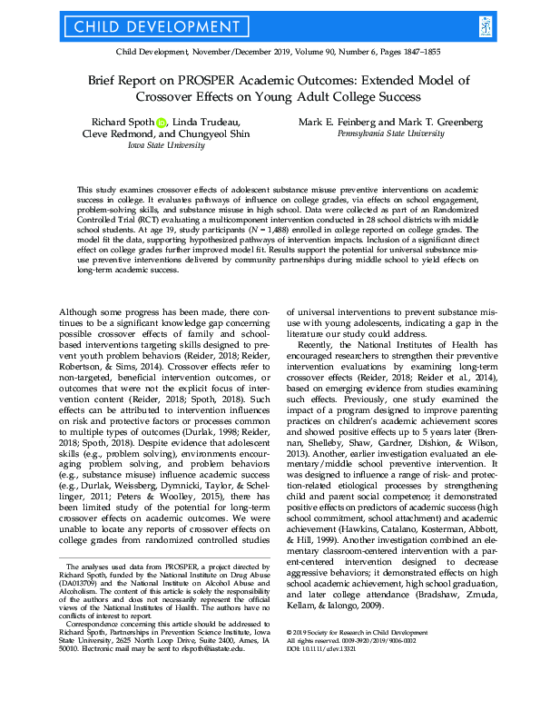 (PDF) Brief Report on PROSPER Academic Outcomes: Extended Model of ...