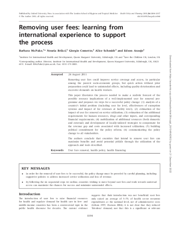 (PDF) Removing user fees: learning from international experience to ...
