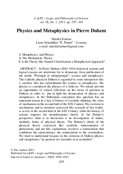 (PDF) Physics and Metaphysics in Pierre Duhem