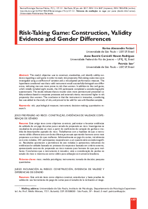 (PDF) The Risk-Taking Game: Construction, Validity Evidence, and Gender ...