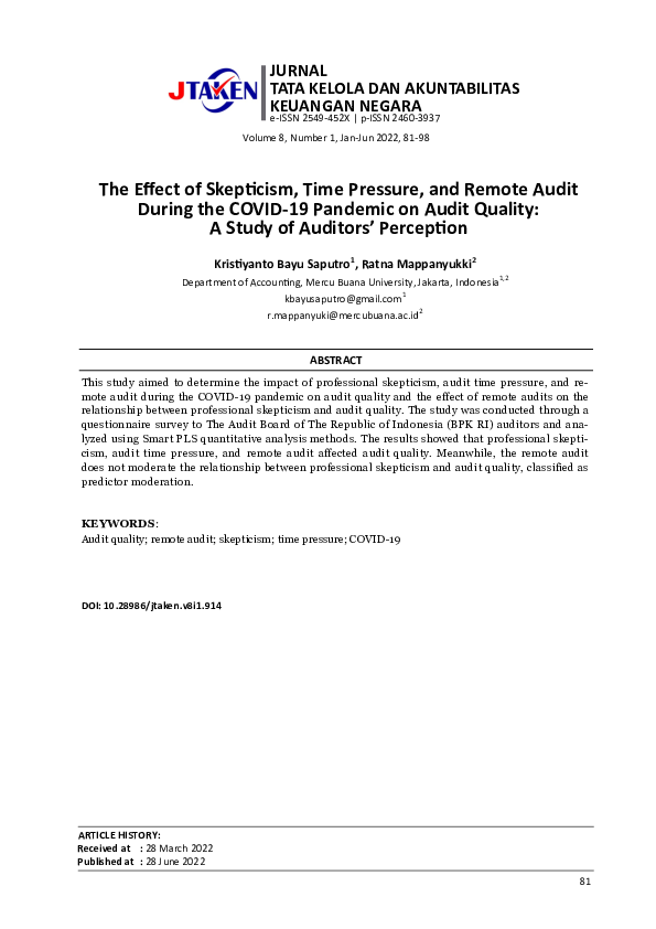 (PDF) The Effect of Skepticism, Time Pressure, and Remote Audit During ...