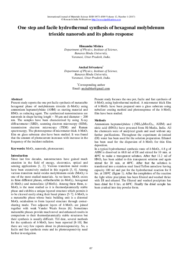 (PDF) One step and facile hydrothermal synthesis of hexagonal ...