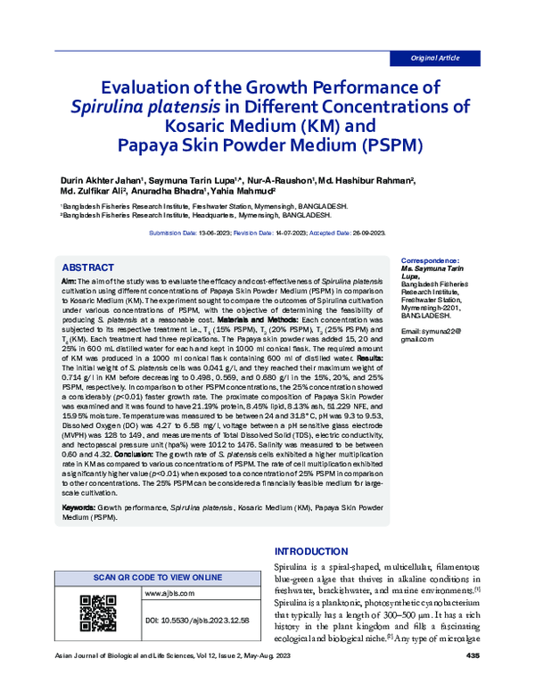 (PDF) Evaluation of the Growth Performance of Spirulina platensis in ...