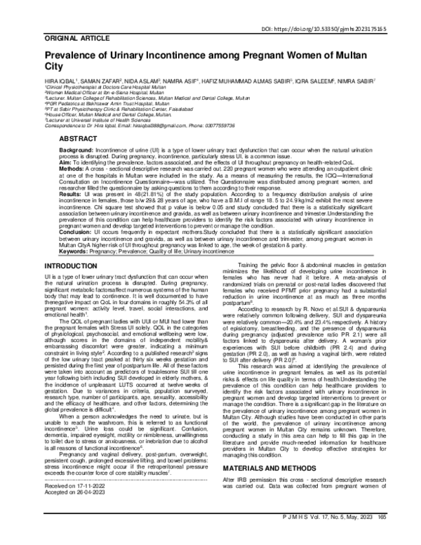(PDF) Prevalence of Urinary Incontinence among Pregnant Women of Multan ...