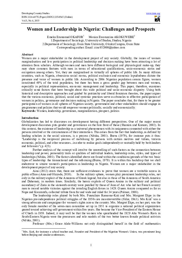 (PDF) Women and Leadership in Nigeria: Challenges and Prospects