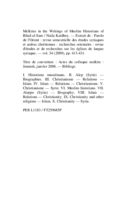 (PDF) Melkites in the Writings of Muslim Historians of Bilād Al-Šām