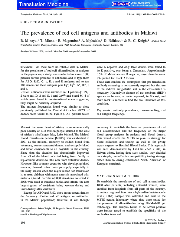 (PDF) The prevalence of red cell antigens and antibodies in Malawi
