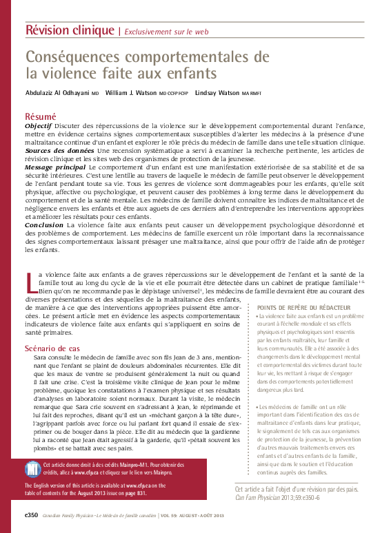 (PDF) Conséquences comportementales de la violence faite aux enfants ...