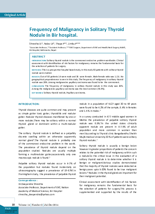 (PDF) Frequency of Malignancy in solitary thyroid nodule in bir hospital