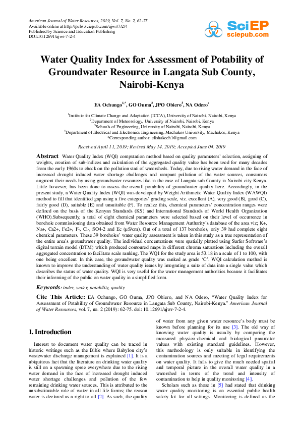 (PDF) Water Quality Index for Assessment of Potability of Groundwater ...