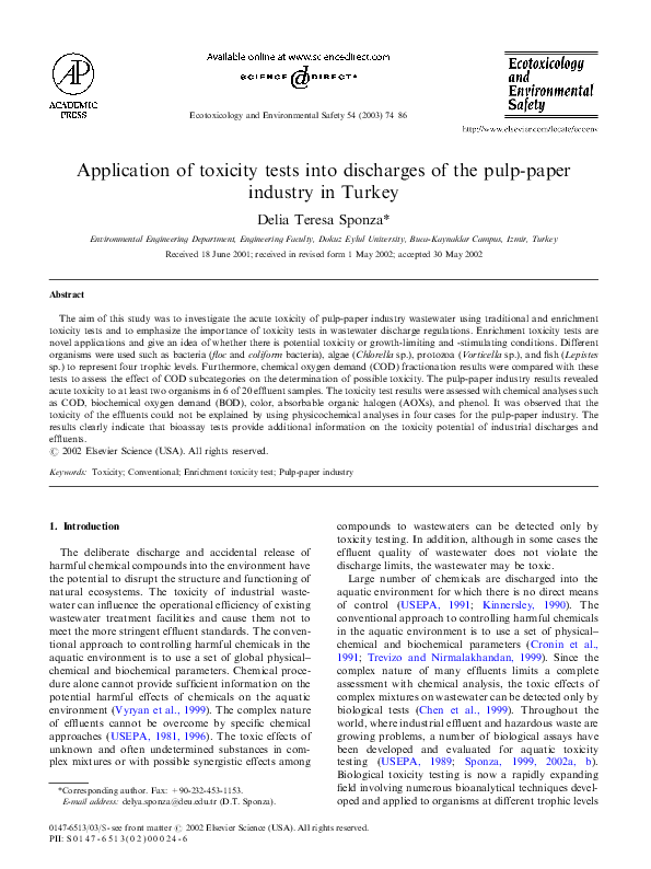 (PDF) Application of toxicity tests into discharges of the pulppaper