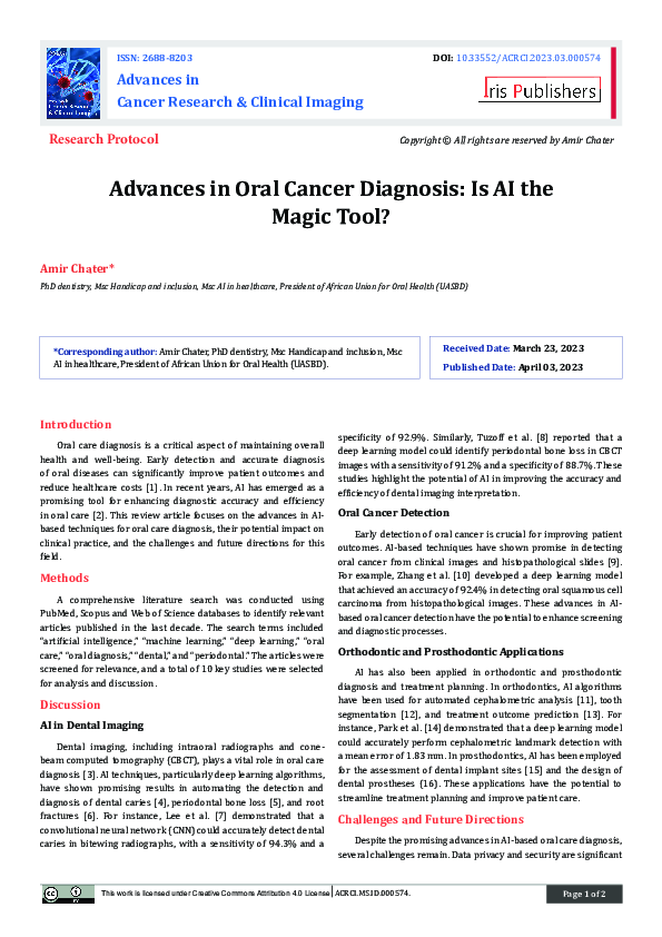 (PDF) Advances in Oral Cancer Diagnosis: Is AI the Magic Tool?