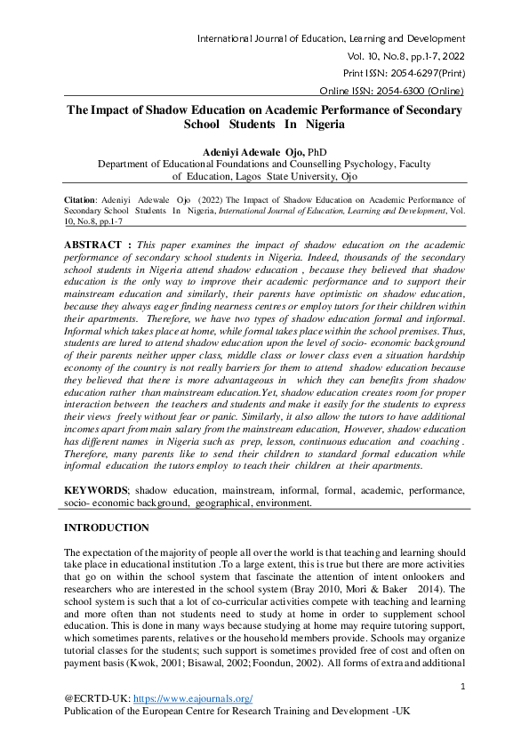(PDF) The Impact of Shadow Education on Academic Performance of ...