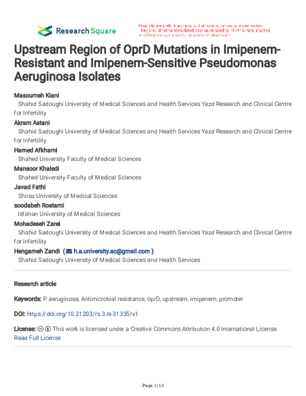 (PDF) Upstream Region of OprD Mutations in Imipenem-Resistant and ...