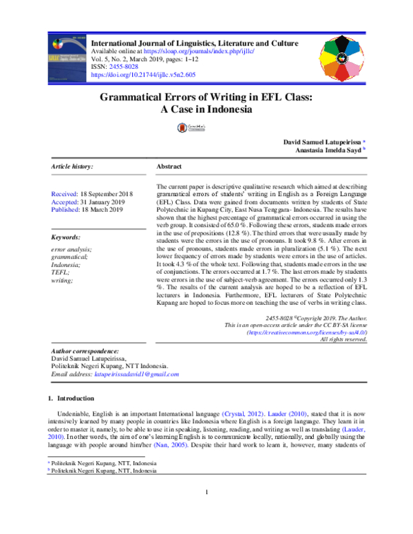 (PDF) Grammatical errors of writing in EFL class
