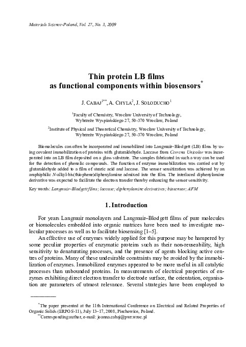 (PDF) Thin protein LB films as functional components within biosensors