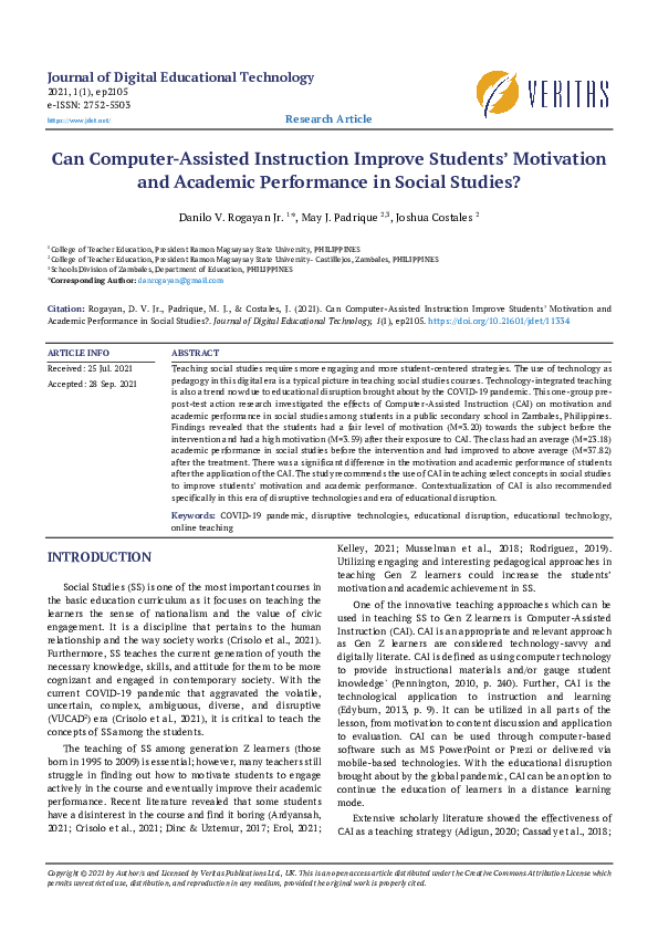 Can Computer-Assisted Instruction Improve Students’ Motivation and Academic Performance in Social Studies?