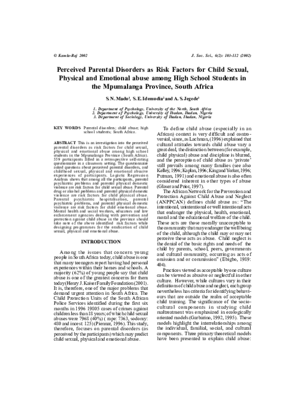 (PDF) Perceived Parental Disorders as Risk Factors for Child Sexual ...