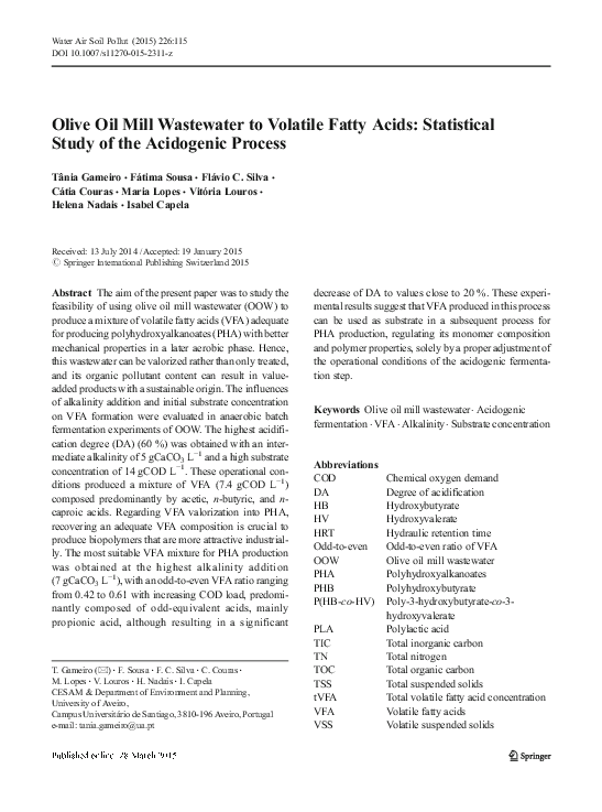 (PDF) Olive Oil Mill Wastewater to Volatile Fatty Acids Statistical