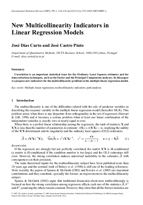 (PDF) New Multicollinearity Indicators in Linear Regression Models