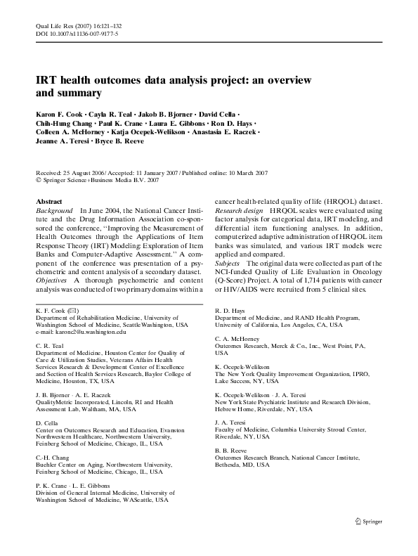 (PDF) IRT health outcomes data analysis project: an overview and summary
