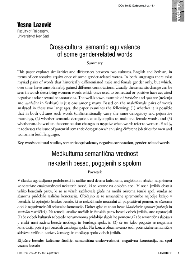 (PDF) Cross-cultural semantic equivalence of some gender-related words