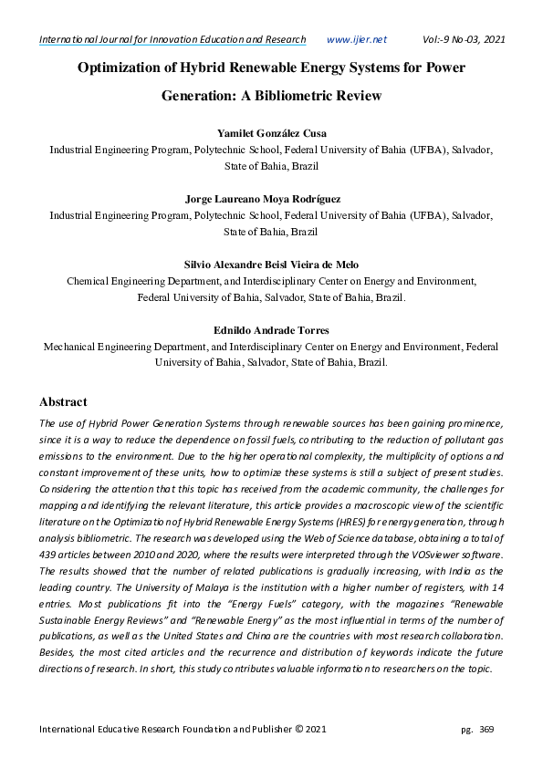 (PDF) Optimization of Hybrid Renewable Energy Systems for Power ...