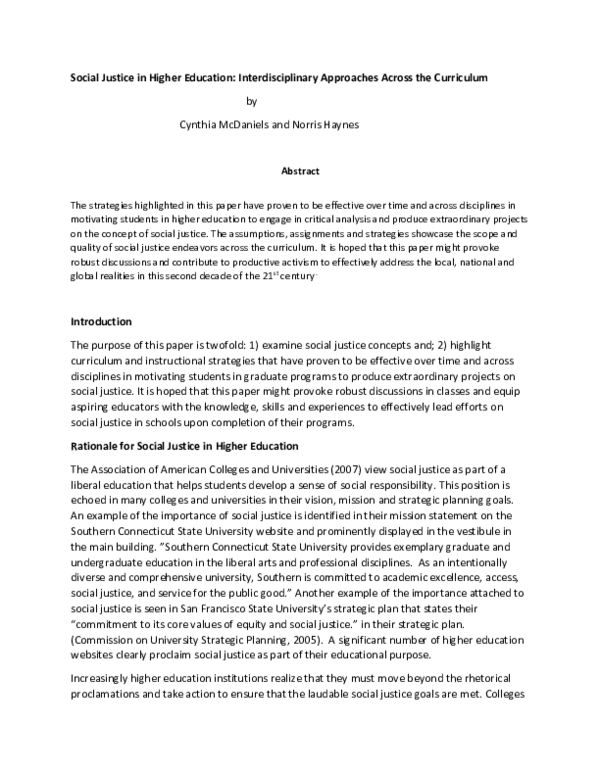 (PDF) Social Justice in Higher Education: Interdisciplinary Approaches ...
