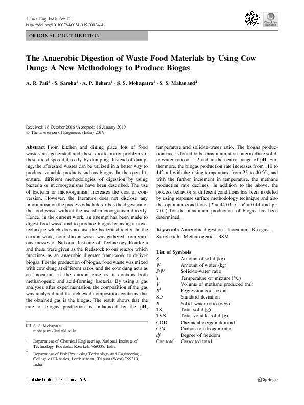 (PDF) The Anaerobic Digestion of Waste Food Materials by Using Cow Dung