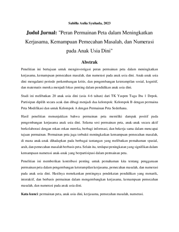 (PDF) JURNAL PENDIDIKAN ANAK USIA DINI , PERAN PERMAINAN PETA DALAM ...