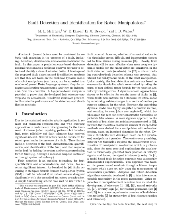  pdf fault detection and identification for robot manipulators