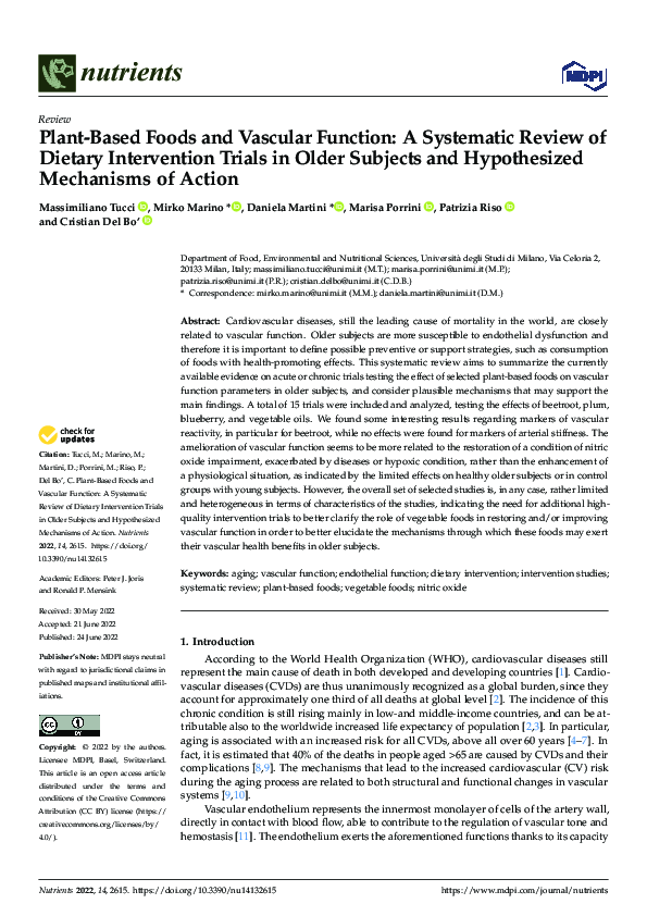 (PDF) Plant-Based Foods and Vascular Function: A Systematic Review of ...