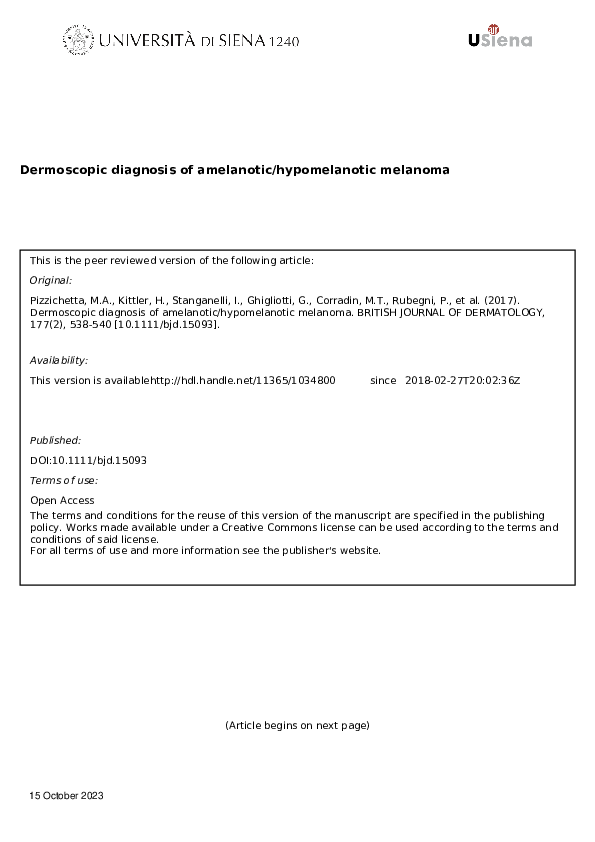 (PDF) Dermoscopic diagnosis of amelanotic/hypomelanotic melanoma