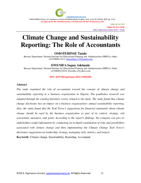 (PDF) Climate Change and Sustainability Reporting: The Role of Accountants