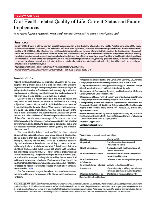 (PDF) Oral Health-related Quality of Life: Current Status and Future ...
