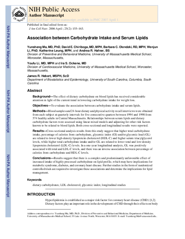 (PDF) 310: Association Between Carbohydrate Intake and Serum Lipids