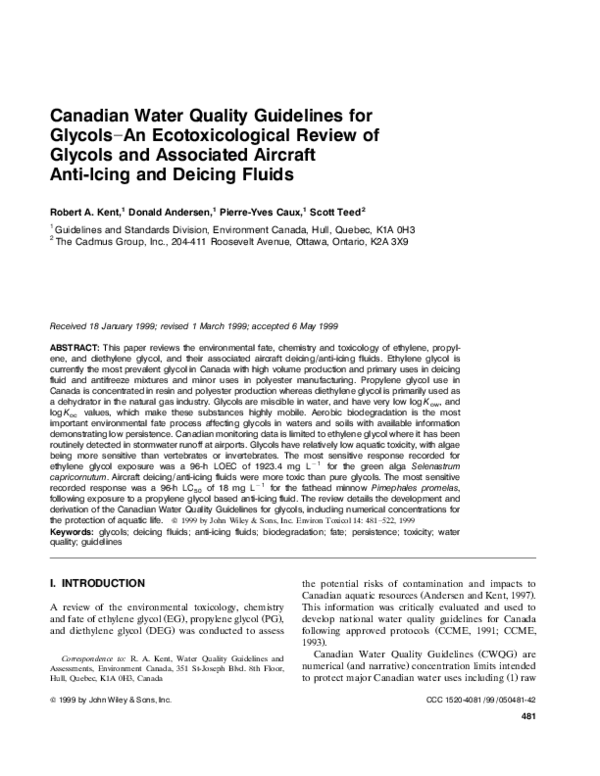 (PDF) Canadian water quality guidelines for glycolsAn ecotoxicological