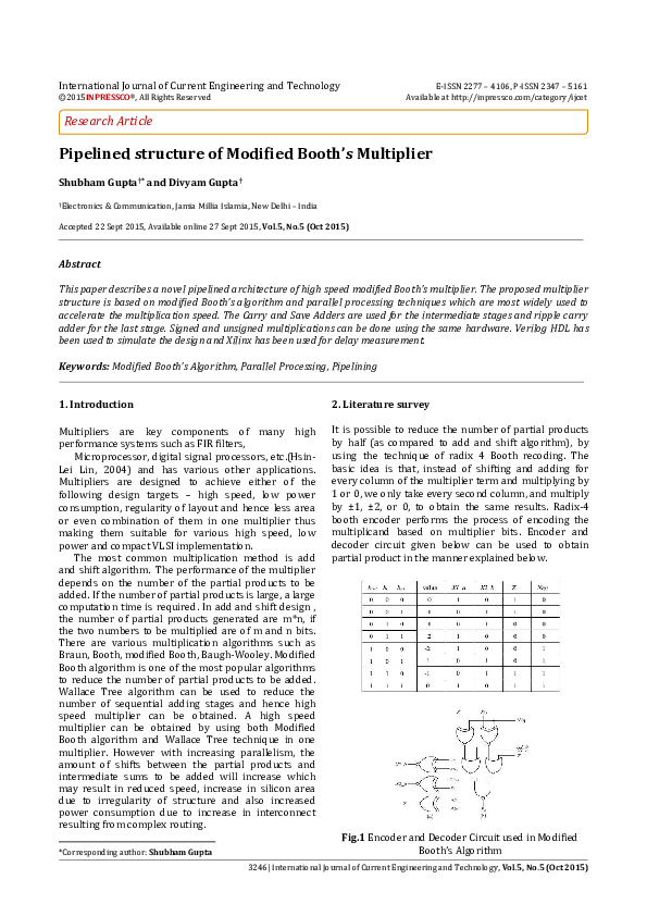 (PDF) Pipelined structure of Modified Booth's Multiplier