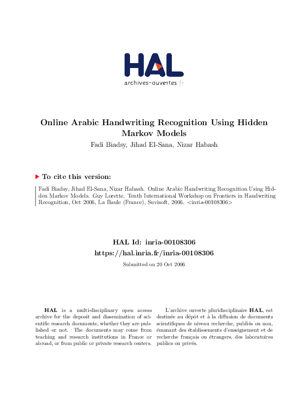 (PDF) Online Arabic Handwriting Recognition Using Hidden Markov Models