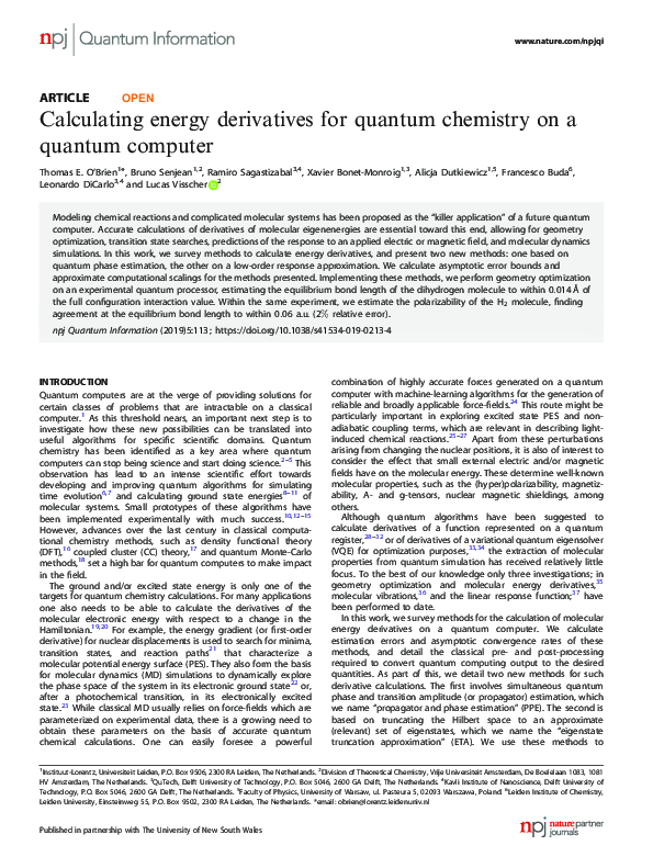(PDF) Calculating energy derivatives for quantum chemistry on a quantum ...