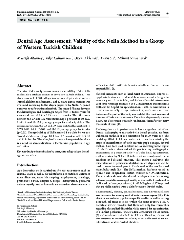 (PDF) Dental Age Assessment: Validity of the Nolla Method in a Group of ...