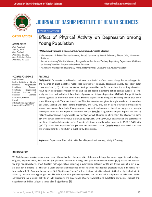 (PDF) Effect of Physical Activity on Depression among Young Population