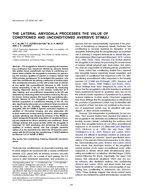 (PDF) The lateral amygdala processes the value of conditioned and ...
